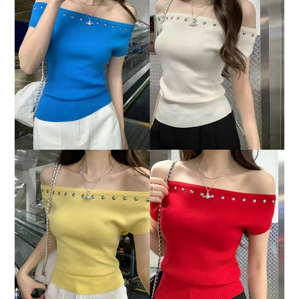 金属拼接一字领收腰显瘦露肩性感针织衫女