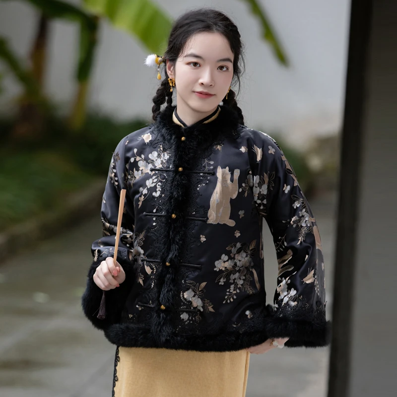 嘿喵小姐 扶夏 新中式上衣夹棉兔毛复古倒大袖高端织锦外套女百搭