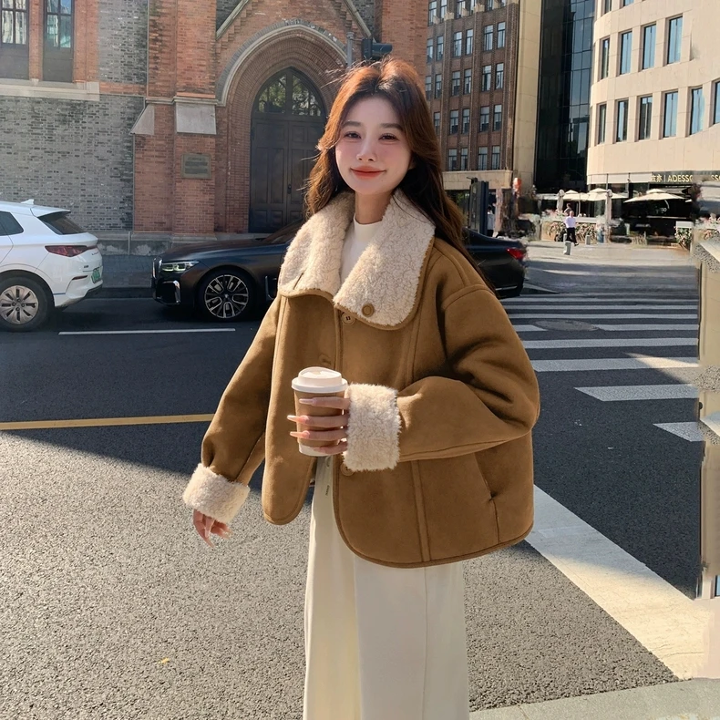 1029-2两面穿麂皮绒皮毛一体毛外套加厚小个子大翻领保暖夹克