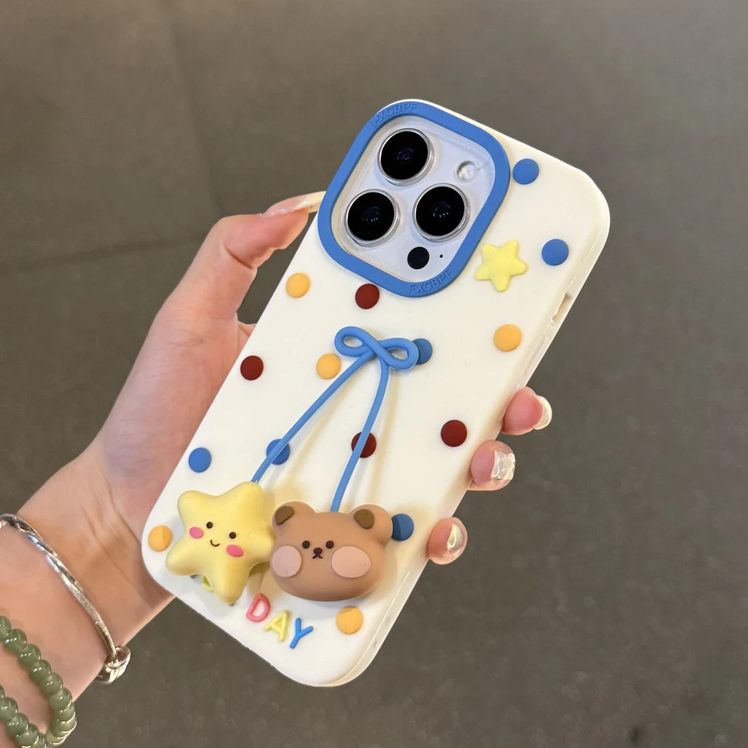 诚星泽彩波点小熊星星吊坠适用苹果16/15/14/13/12新款11软手机壳