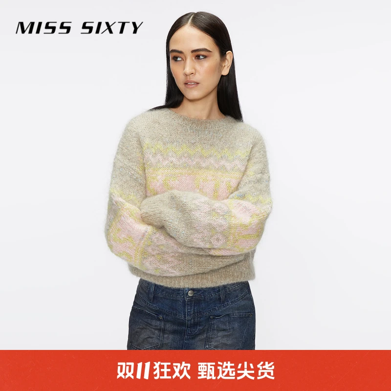 Miss Sixty冬季新款针织衫女圆领毛衣落肩复古慵懒费尔岛提花