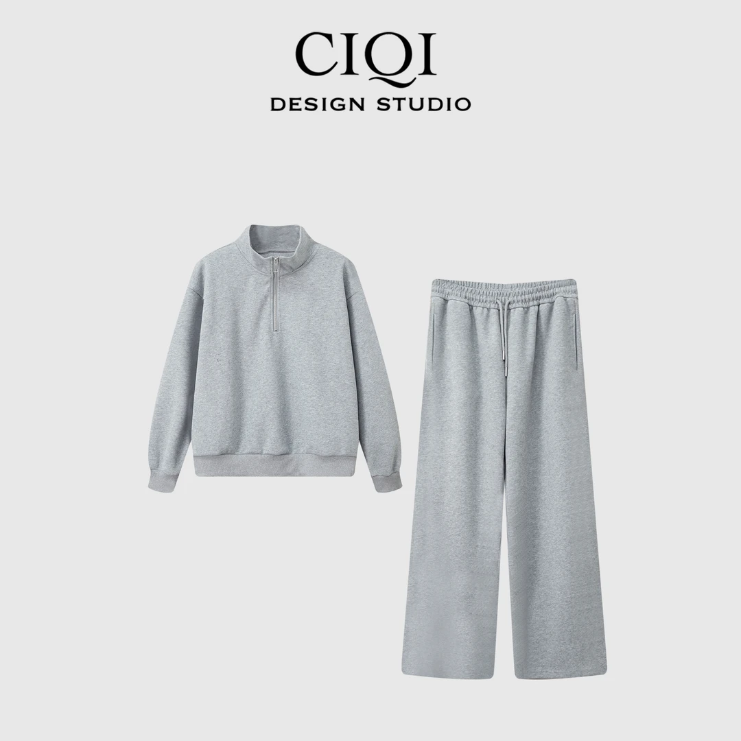 CIQI STUDIO【随性时尚】时尚休闲设计感半拉链舒适慵懒套装5017