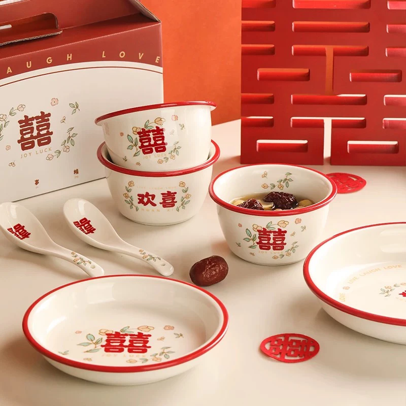 餐具套装耐磨中国风瓷饭碗碗筷瓷碗情侣家用中式喜碗结婚餐具