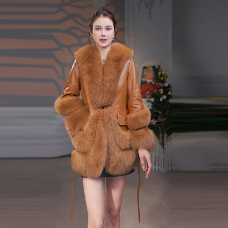 真毛新款鹅绒服海宁显瘦狐狸毛绵羊皮加厚保暖皮草外套女皮毛一体