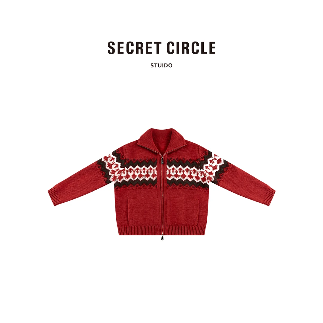 SECRET CIRCLE·秘社 100绵羊毛冬季费尔岛立领提花针织开衫D2761
