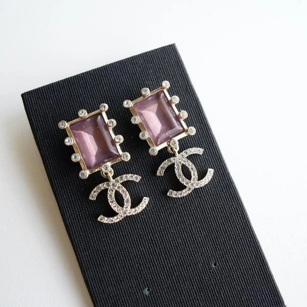Chanel 紫方块闪钻双C吊坠耳钉