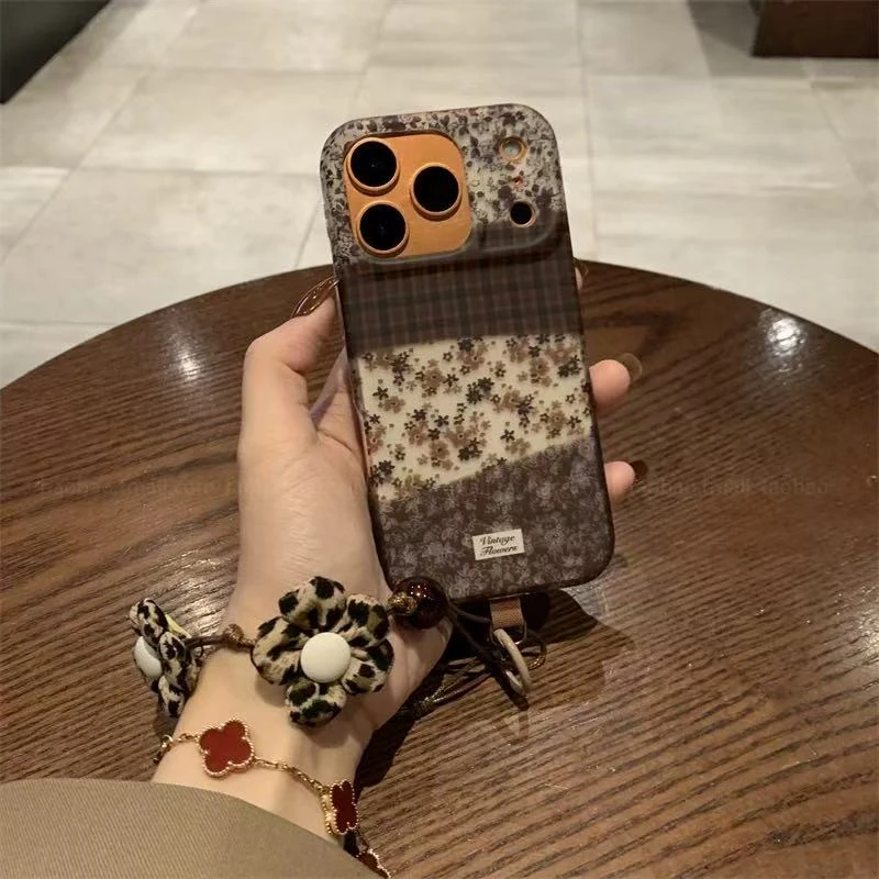 小众砂格纹小碎花拼接适用于苹果17ProMax手机壳iPhone16复古15