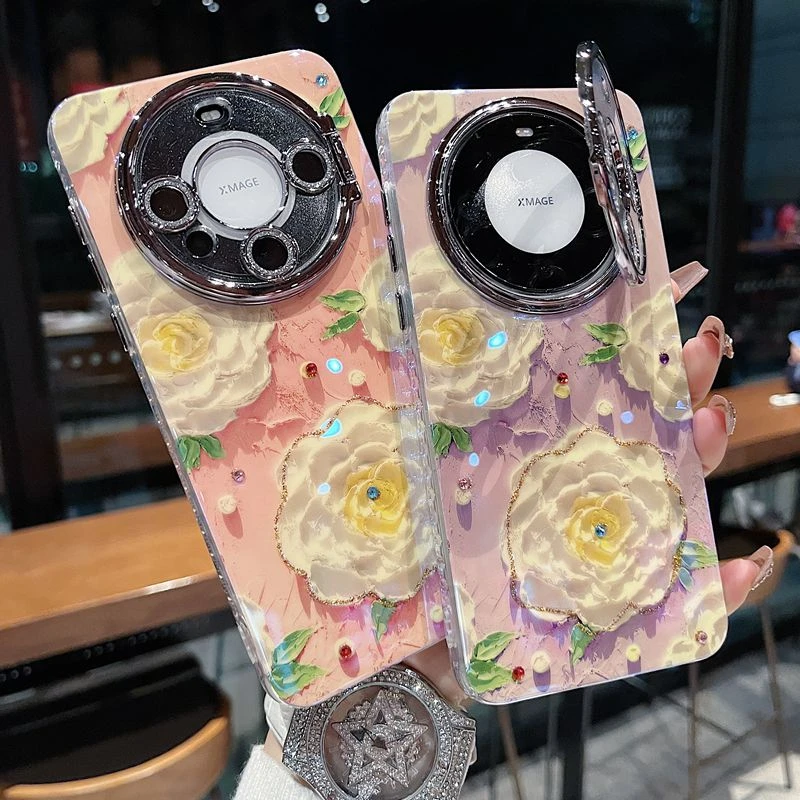 适用华为mate70系列新款手机壳优雅油画山茶花全包镜头膜翻盖支架