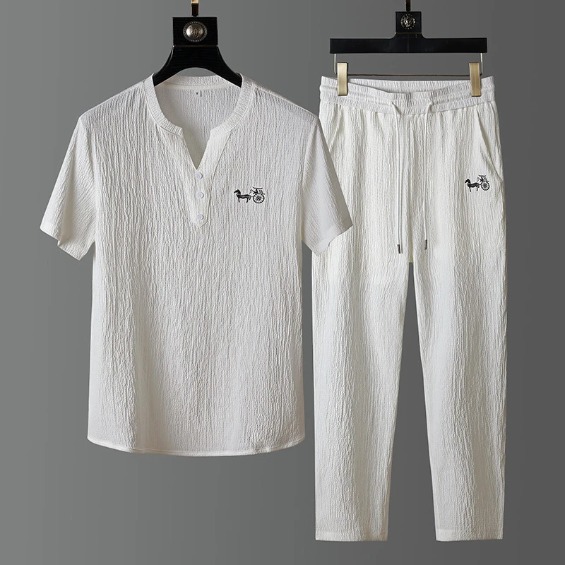 2025年新款棉麻休闲套装男夏季薄款高端时尚短袖T恤长裤潮流轻奢