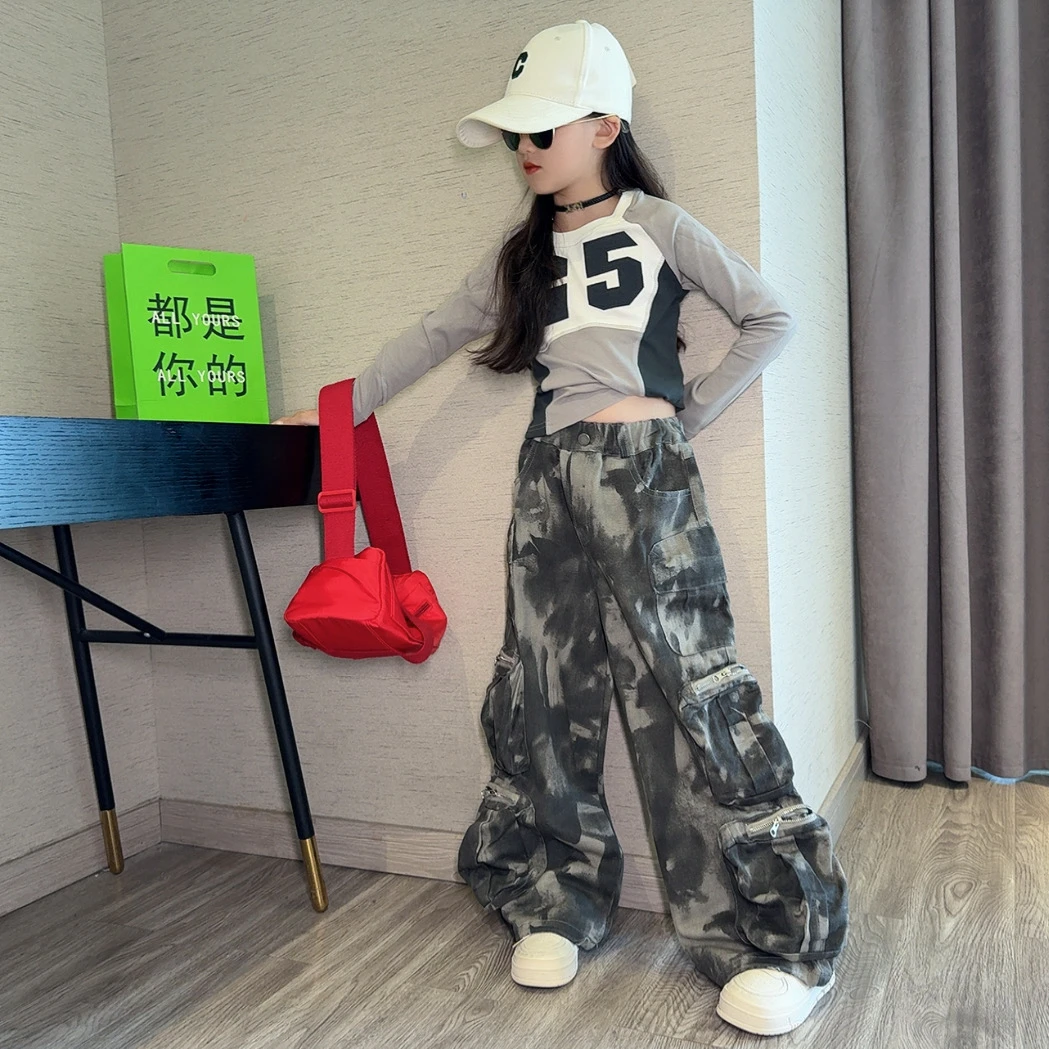 女童套装春秋款2025新款洋气儿童秋装长袖t恤迷彩工装裤两件套潮