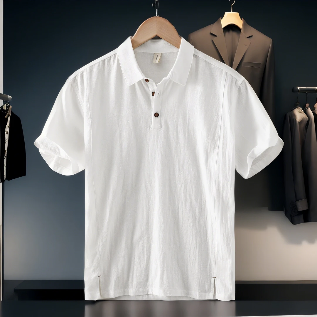 轻奢复古夏季亚麻白色短袖衬衫男士轻薄透气简约薄款T恤休闲衬衫