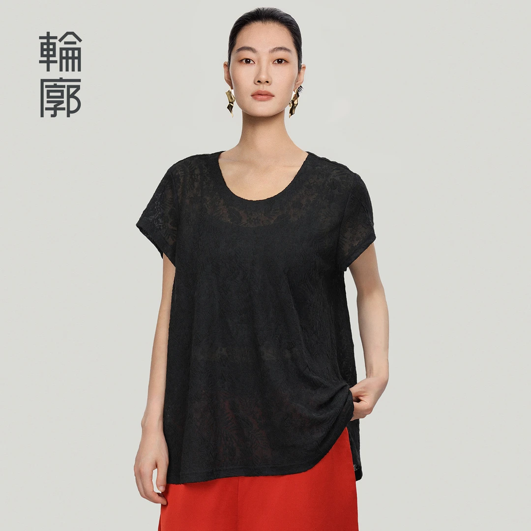 轮廓蔓花摇国风新中式针织上衣宽松时尚圆领显瘦百搭短袖L252Y050