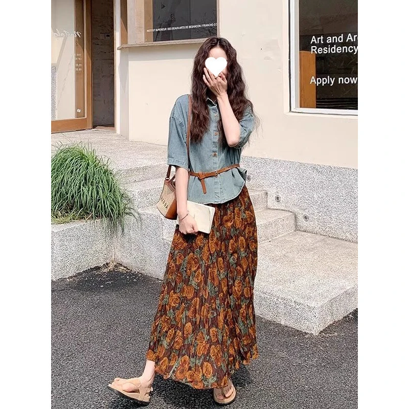 牛仔短袖碎花半身裙两件套女夏季超火独特漂亮茶里茶气别致一整套