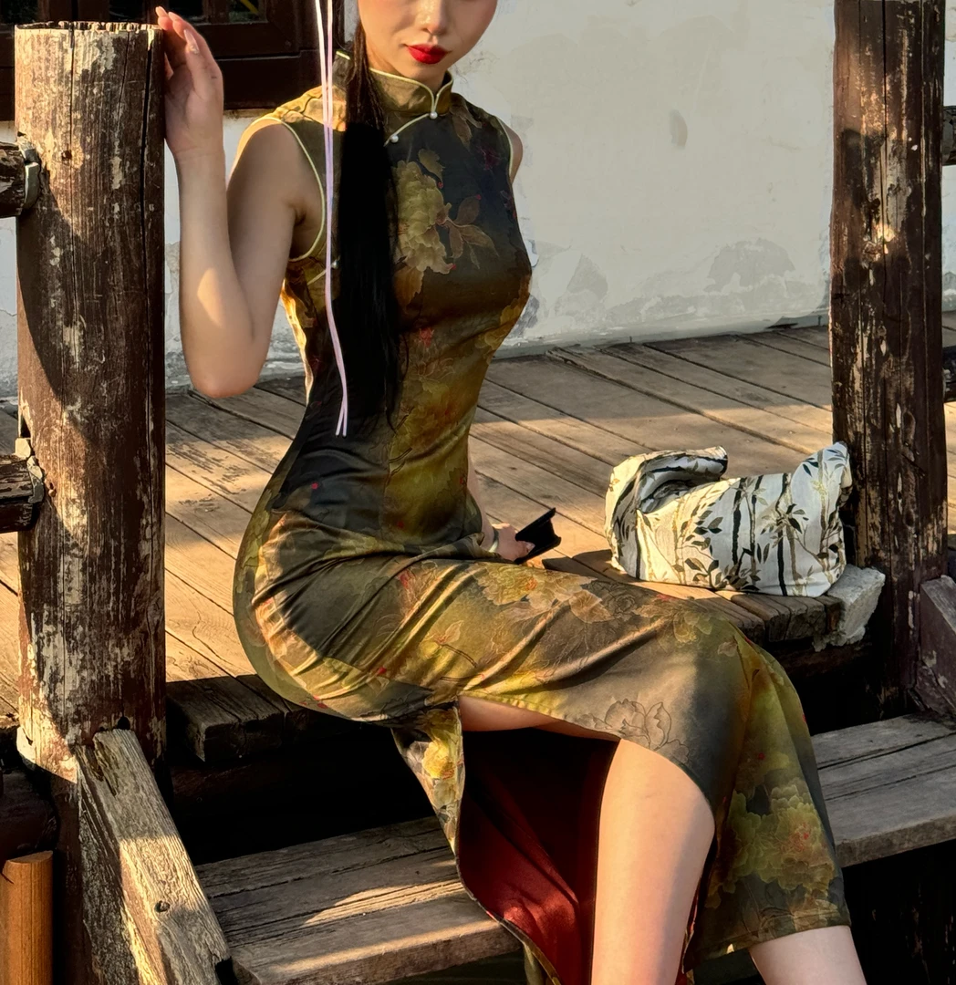 秋辞香~ 蝉羽衫 优雅美人花花港风无袖旗袍连衣裙