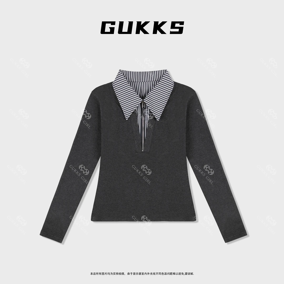 娜娜GUKKS/设计感拼接假两件POLO领上衣打底衫