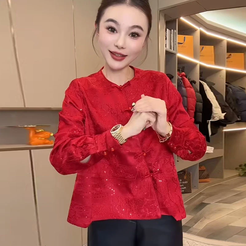 中国风上衣女2026新款女装新中式重工亮片刺绣小衫内搭圆领衬衣女