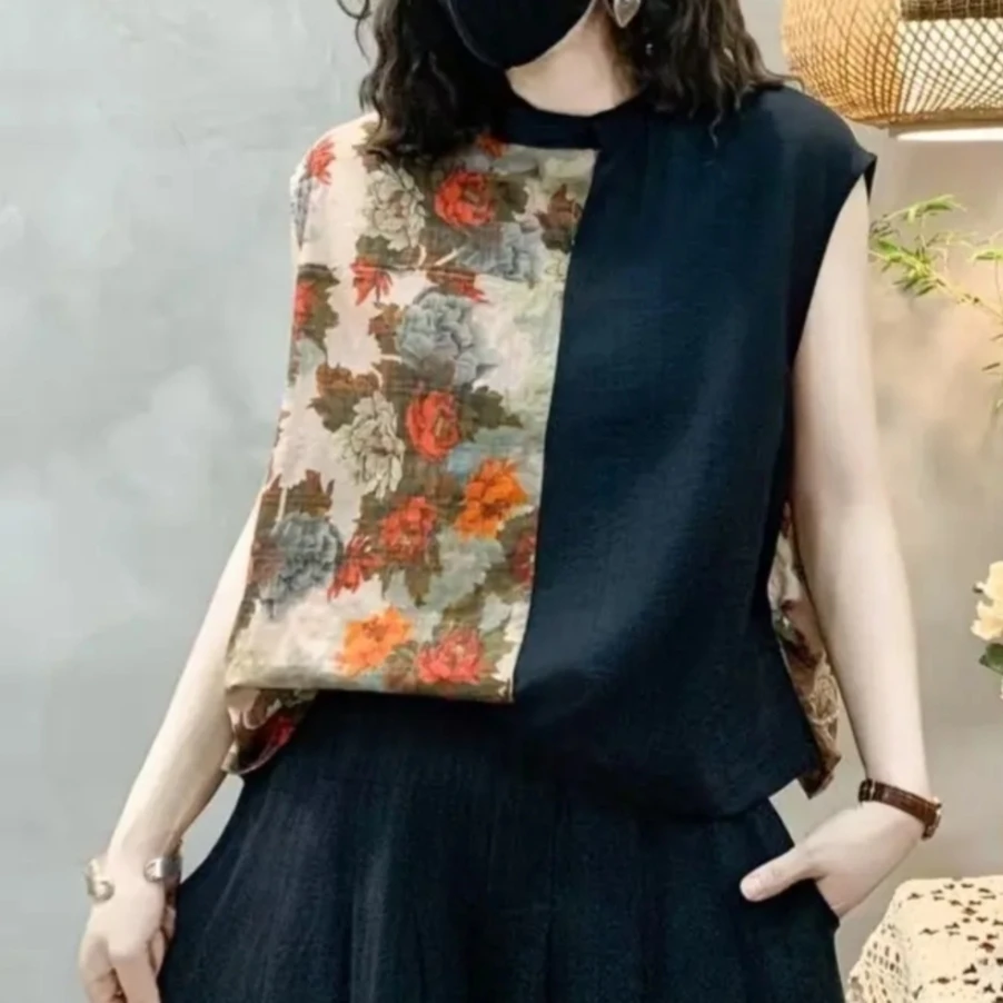 2025夏季新款时尚休闲百搭宽松显瘦圆领文艺范拼接小衫