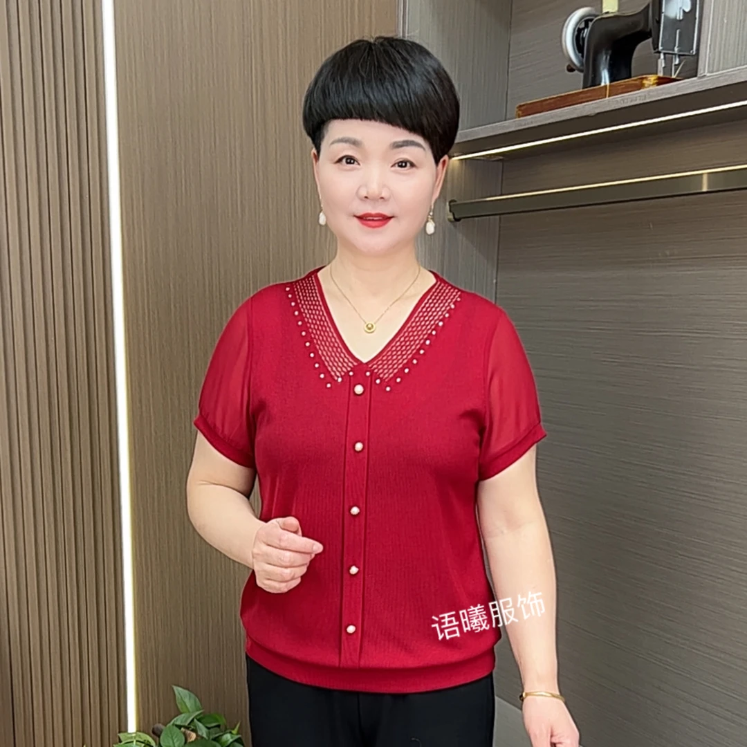 高贵法式薄款纯色V领中老年女装夏装中年妈妈装F872