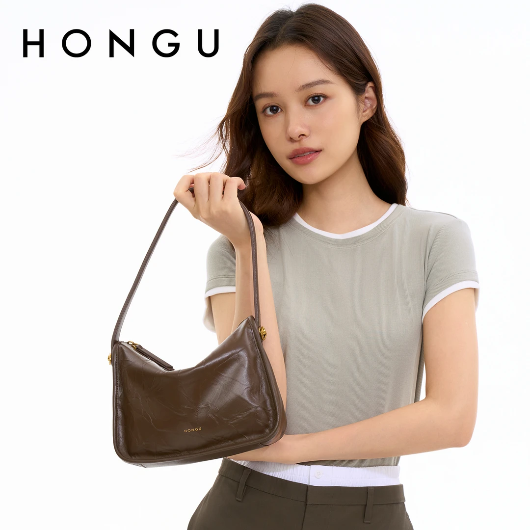HONGU/红谷2025新款质感手抓纹褶皱头皮单肩腋下包通勤斜挎包女包