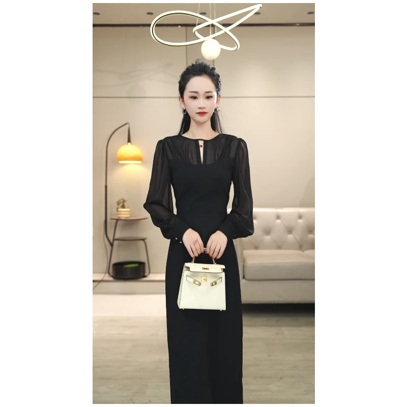 8018 黑色连衣裙女2025春秋新款长袖法式复古显瘦气质通勤长裙
