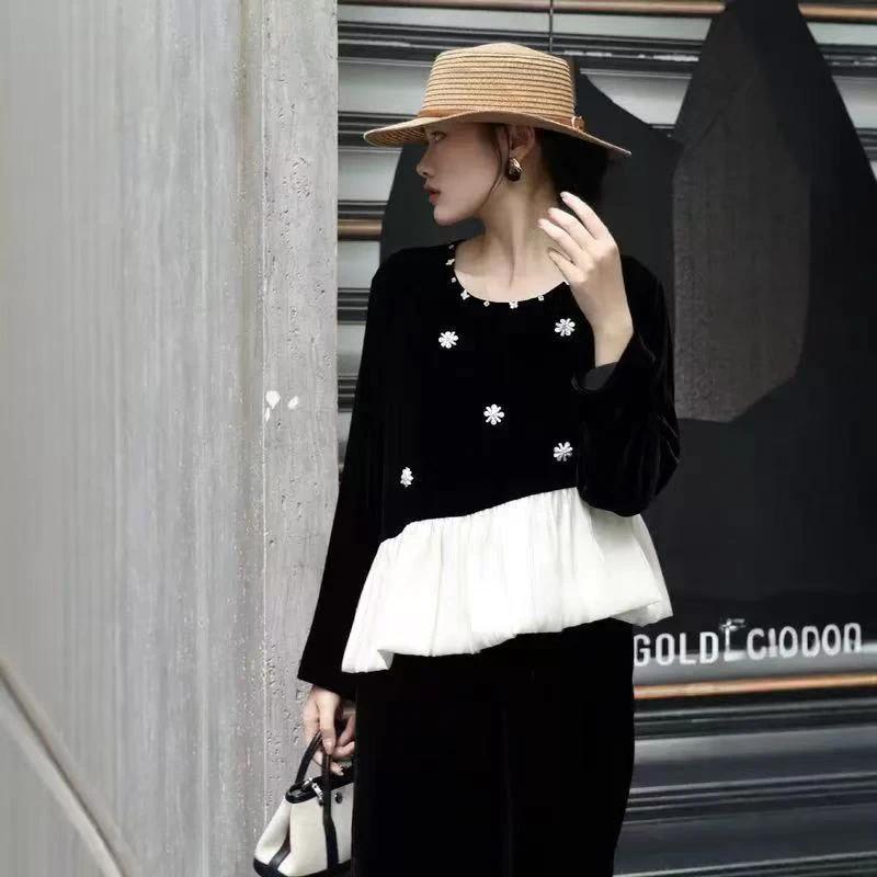 秋季新款法式真丝丝绒拼接款减龄百搭长袖上衣衬衫