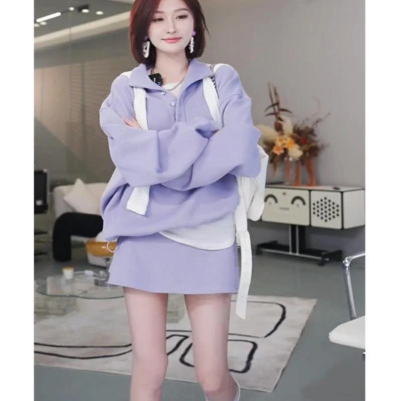 大码胖慵懒百搭风秋冬减龄紫显瘦半身裙套装女装岁