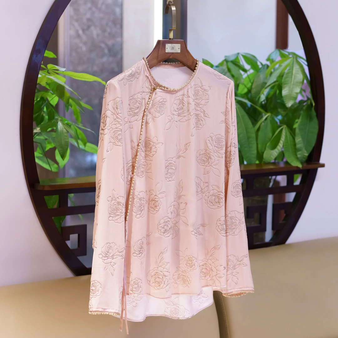 【锦系~新款】真丝丝绒新中式国风桑蚕丝圆领九分袖上衣-C-382528