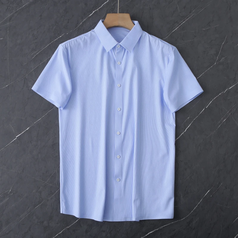 HS400剪标夏季男士短袖六面弹衬衫条纹轻商务休闲上衣