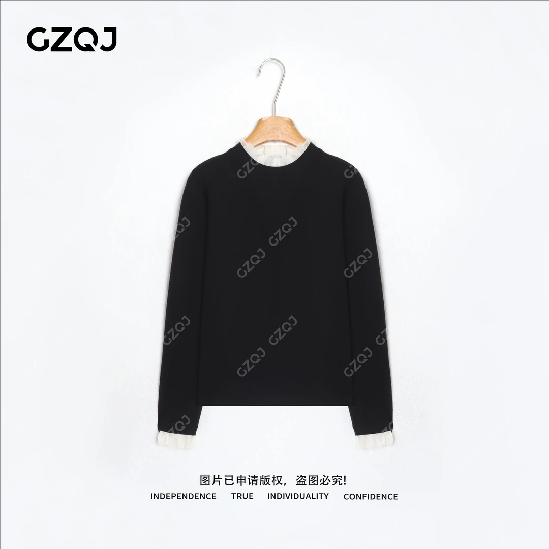 老琴私服【秘密花园】法式甜美拼色圆领加绒加厚长袖上衣女冬款7990