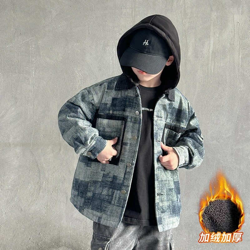 男童复古做旧加绒牛仔外套秋冬2025新款儿童加厚保暖牛仔衣中大童