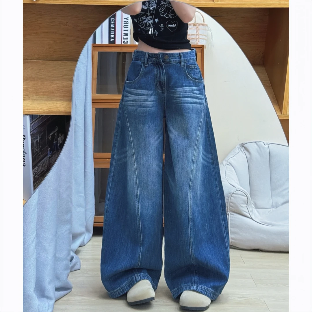 美式高街复古蓝梨形阔腿牛仔裤女2025新款高腰宽松百搭弯刀拖地裤