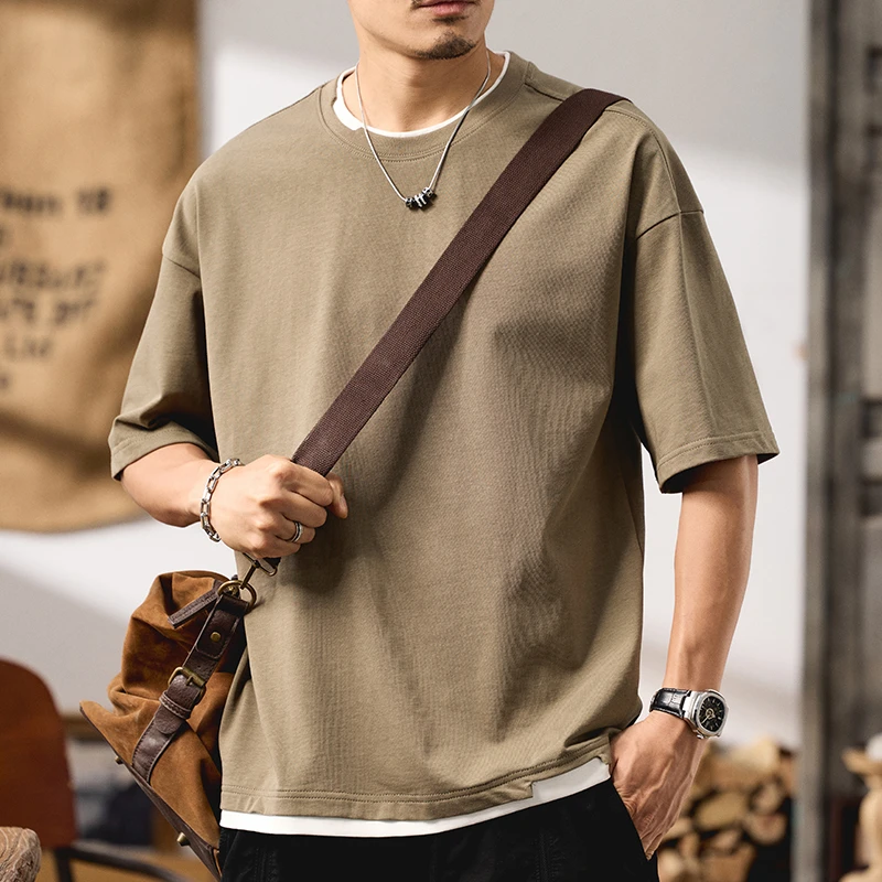 潮掌柜双纱打底240g浅咖色短袖T恤美式短袖T恤潮流假两件圆领短袖