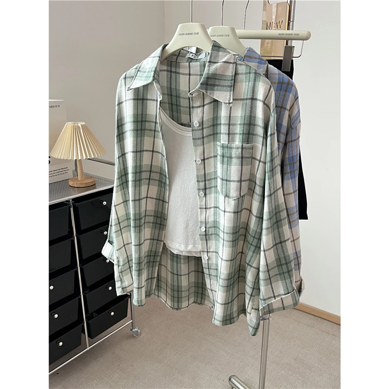 复古格纹衬衫女2025秋季新款宽松休闲百搭长袖上衣秋款设计感小众
