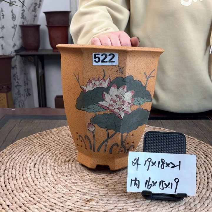 紫砂花盆柴烧荷花彩绘八方522
