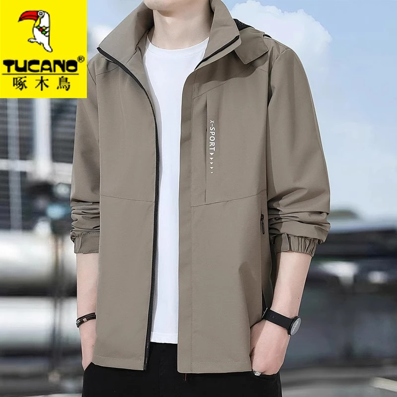 啄木鸟新款春秋运动冲锋衣常规连帽百搭韩版免烫防风夹克冬季加厚