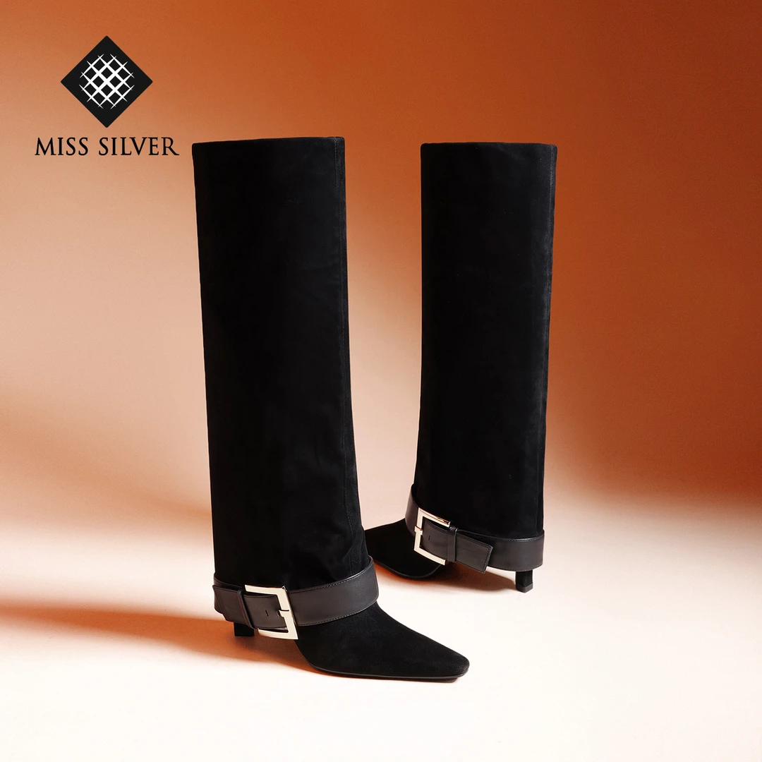 MISSSILVER真皮细跟长靴女2025冬季新款显瘦时尚英伦风长筒靴