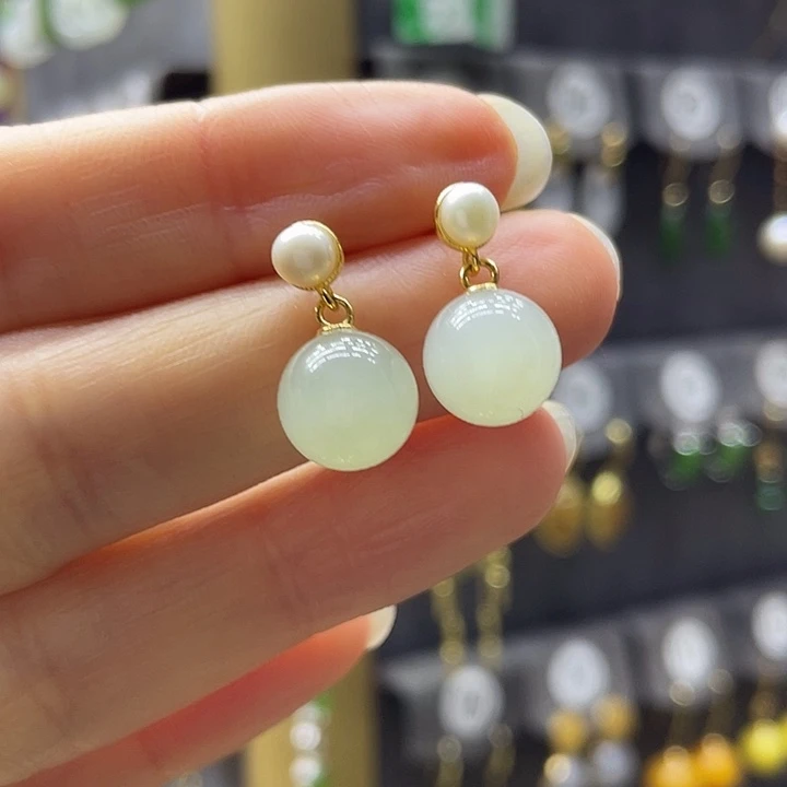 和田玉银S925镀金镶嵌耳饰