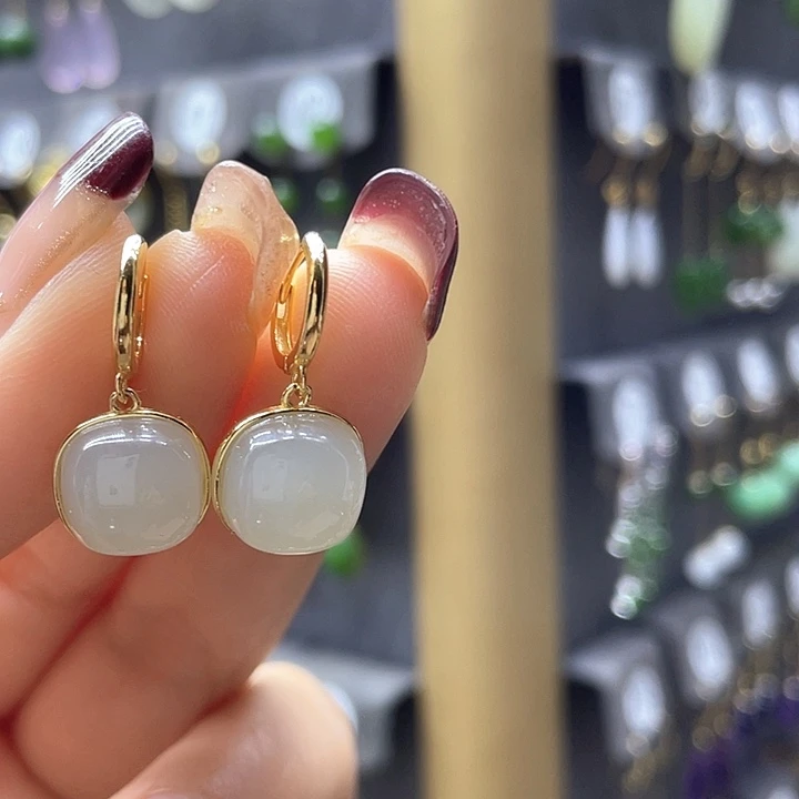 和田玉耳饰银S925镀金镶嵌