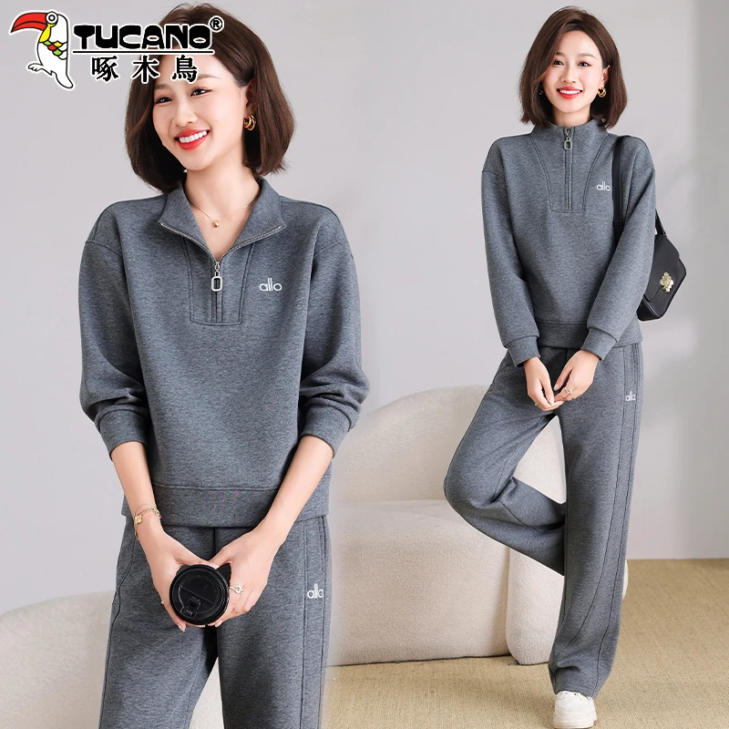 啄木鸟半拉链卫衣套装女2025新款女装中年妈妈春秋休闲运动两件套