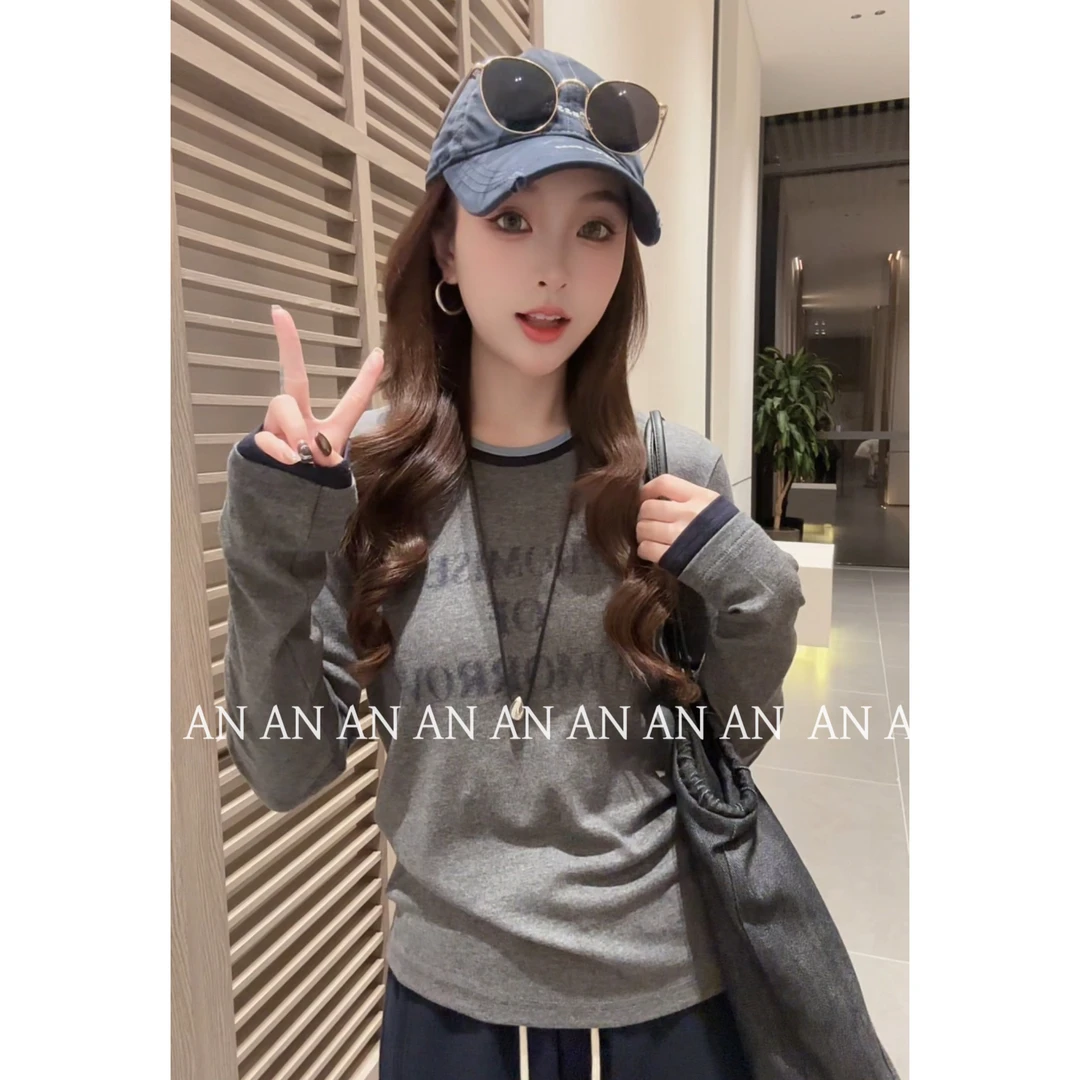 C08564美式时尚INS潮宽松慵懒风别致百搭拼色圆领字母T恤