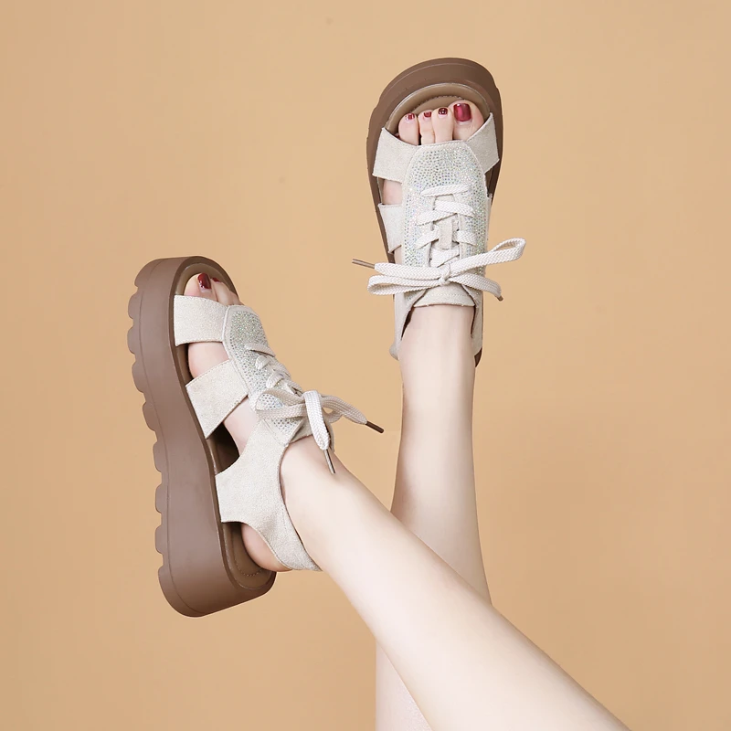 松糕厚底休闲凉鞋女2025年夏季新款小个子时尚百搭复古罗马凉鞋女