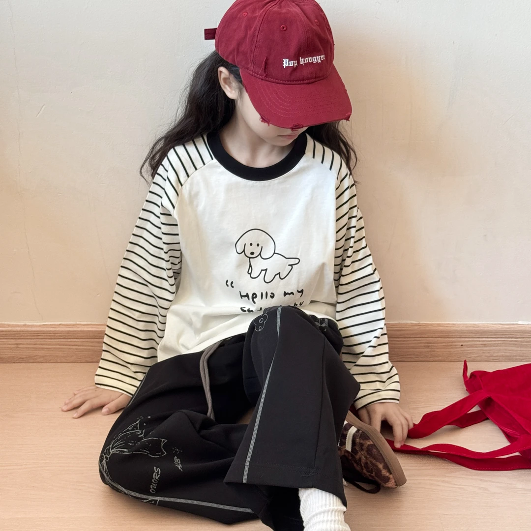 卡通长袖女童休闲套装2025新款女孩冬装条纹长袖上衣儿童时髦卫裤