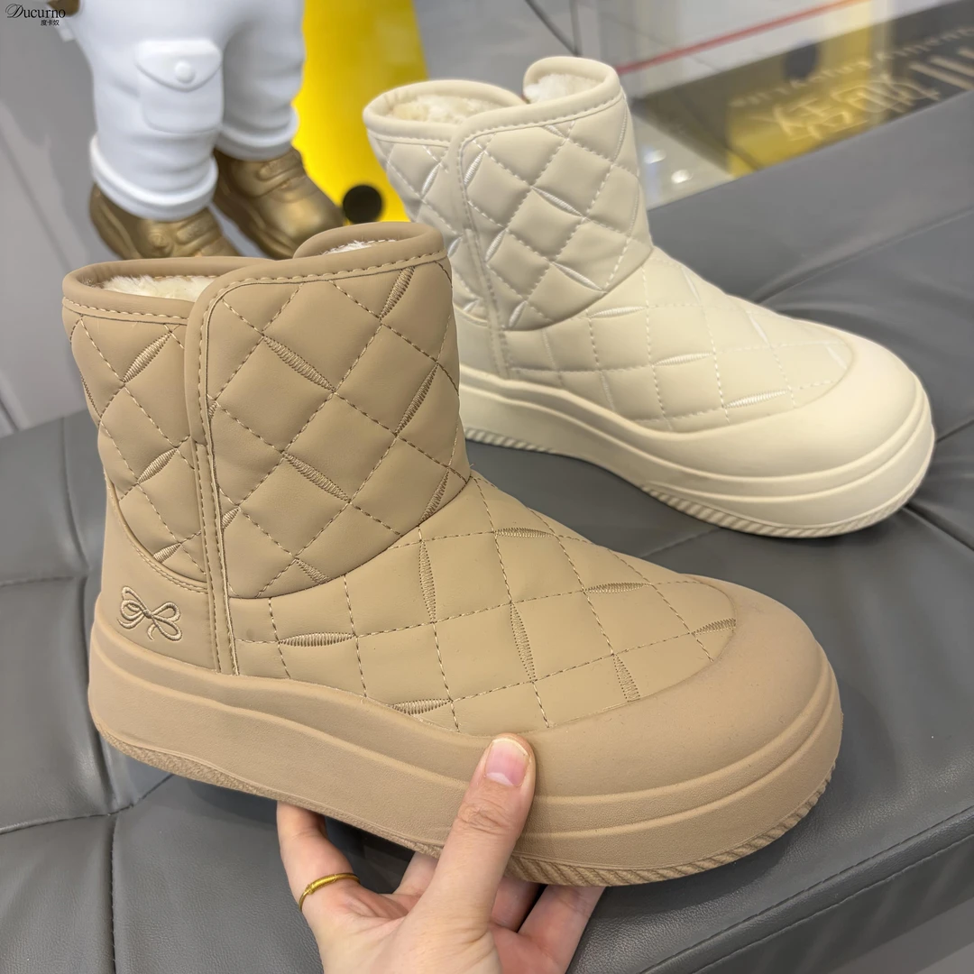 DUCURNO外穿厚底雪地靴女时尚加绒保暖中筒面包鞋防水防滑大棉鞋