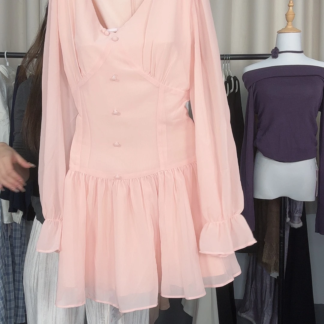 聚酯纤维（涤纶）萌面侠m码粉色长袖连衣裙