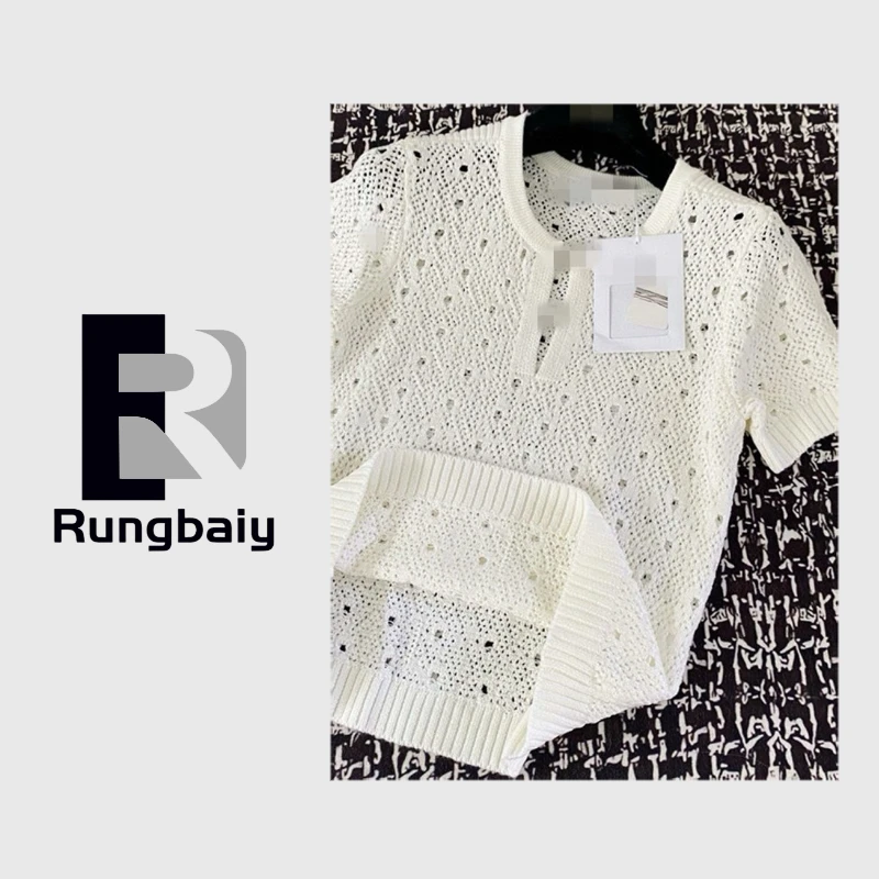 Rungbaiy2025镂空开衫提花意式透气短袖圆领上衣毛针织衫山本风
