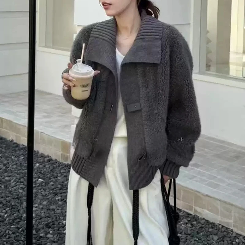 韩系翻领短款针织拼接皮毛一体外套女2026秋冬新款小个子加厚棉衣