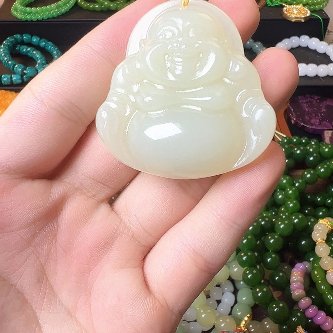 和田玉未镶嵌颈饰晴水双面雕刻佛公吊坠