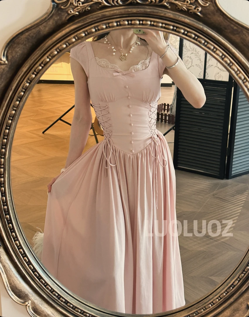 LUOLUOZ【夏日情书】莱赛尔蕾丝边绝美收腰绑带设计长款连衣裙JF827