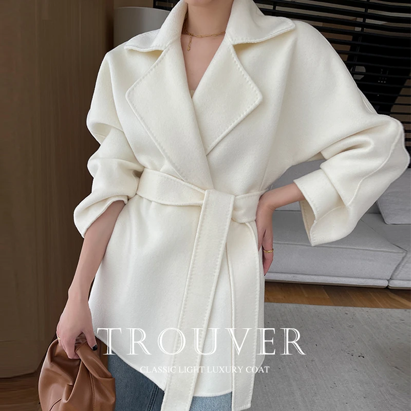 2025秋冬高端水波纹双面羊绒大衣女小个子白色短款羊毛毛呢外套