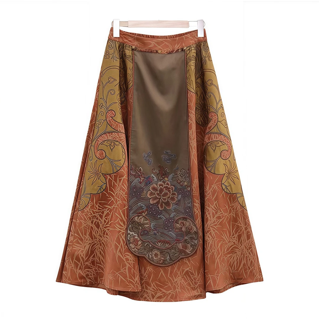 刺绣文艺复古设计师原创中式国风民族风提花丝棉半身裙马面裙秋冬